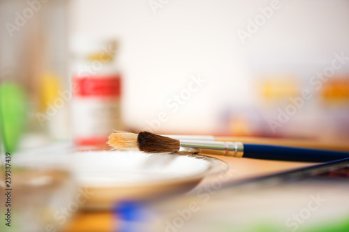 Art and craft equipment. Close-up of paintbrushes.