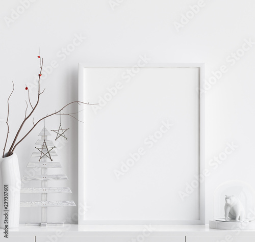 Mock up poster frame with Christmas decoration in home interior, Scandinavian style, 3d render
