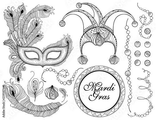 Vector set with outline clown or harlequin cap, black Venetian mask, peacock feather and ornate beads isolated on white background. Mardi Gras masquerade design in contour style for coloring book.