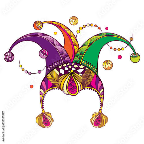 Vector outline clown or harlequin cap in green, purple and yellow with beads and feathers isolated on white background. Traditional symbol of Mardi Gras party or masquerade design in contour style.