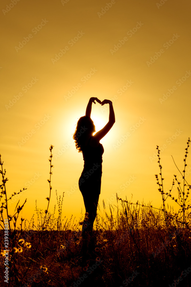 Happy girl standing and posing at sunset in the field among the grass and holding his hands over his head in the shape of a heart. Silhouette. Vertical orientation of the image