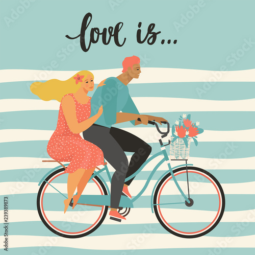 Happy couple is riding a bicycle together and happy valentines day Illustration vector of Love and Valentine Day.