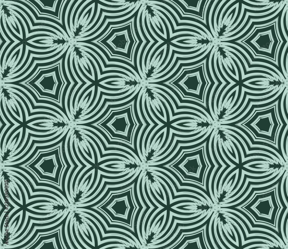 Seamless hexagonal pattern from turquoise geometrical abstract ornaments on a dark green background. Vector illustration can be used for textiles, wallpaper and wrapping paper Seamless hexagonal pattern from turquoise geometrical abstract ornaments on a dark green background. Vector illustration can be used for textiles, wallpaper and wrapping paper