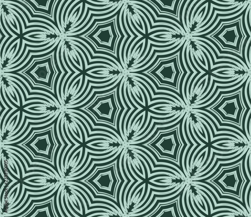 Seamless hexagonal pattern from turquoise geometrical abstract ornaments on a dark green background. Vector illustration can be used for textiles, wallpaper and wrapping paper