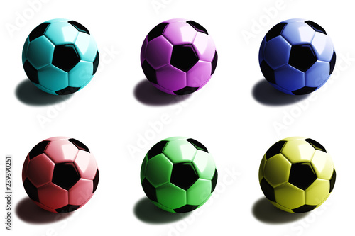 soccer ball with shadow in six colors  cyan  magenta  blue  red  green  yellow. Isolated on white. 3d render.