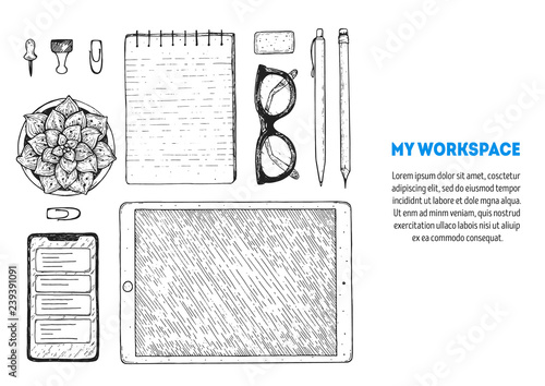Office desk table top view sketch. Workspace with smartphone, tablet, notebook, plant, pencil, pen, glasses. Hand drawn vector illustration. Business concept.