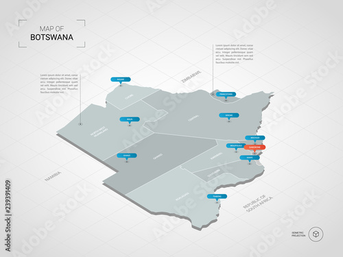Isometric 3D Botswana map. Stylized vector map illustration with cities, borders, capital, administrative divisions and pointer marks; gradient background with grid. 