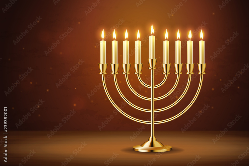 Wall Mural Golden realistic menorah, candlestick with burning candles, Hanukkah holiday, ce