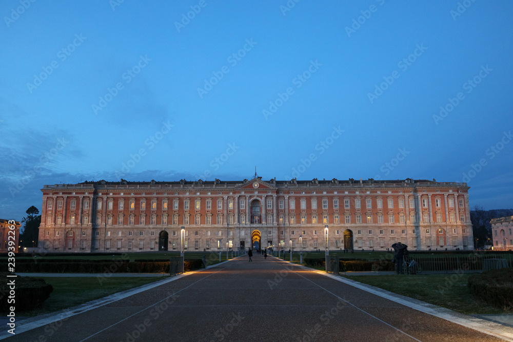 View of the Royal Palace of Caserta  (Reggia di Caserta) front main entrance at Night