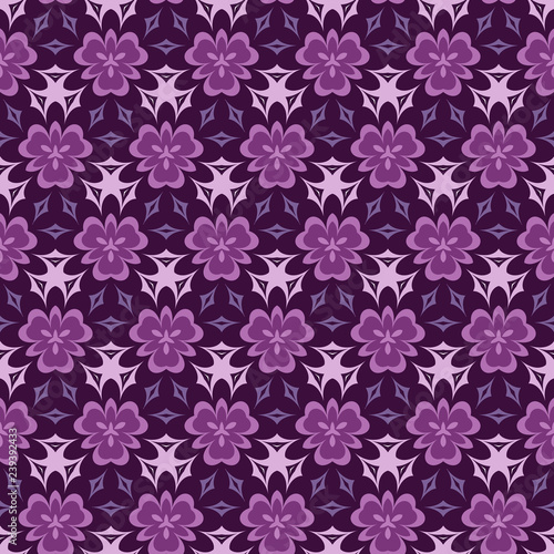 Seamless hexagonal pattern from pink and purple geometrical abstract ornaments on a dark violet background. Vector illustration can be used for textiles, wallpaper and wrapping paper