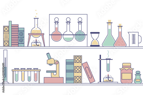 shelves of reagents and glassware for chemical lab. vector