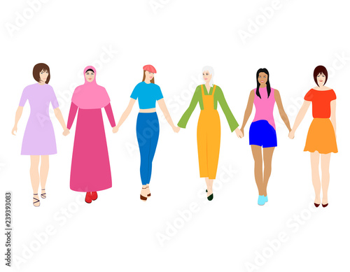 Happy women standing together and holding hands. Group of female friends, union of feminists, sisterhood. Flat cartoon characters isolated on white background. Colorful vector illustration.