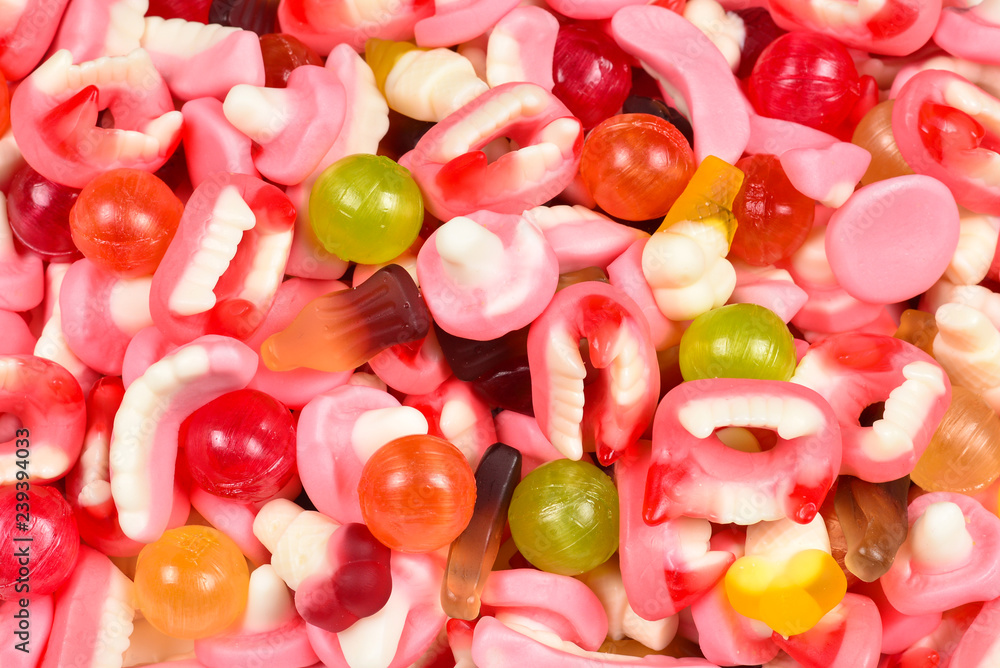 Assorted gummy candies. Top view. Jelly sweets. Assorted gummy candies. Top view. Jelly sweets.