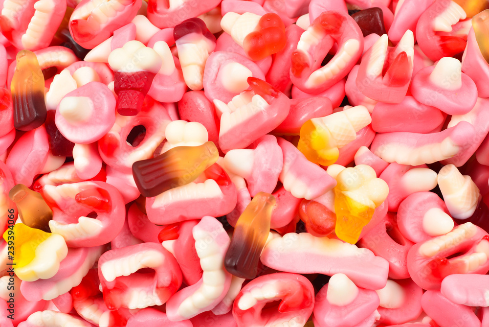 Assorted gummy candies. Top view. Jelly sweets. Assorted gummy candies. Top view. Jelly sweets.