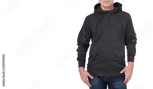 Man in black sweatshirt, black hoodies. white background