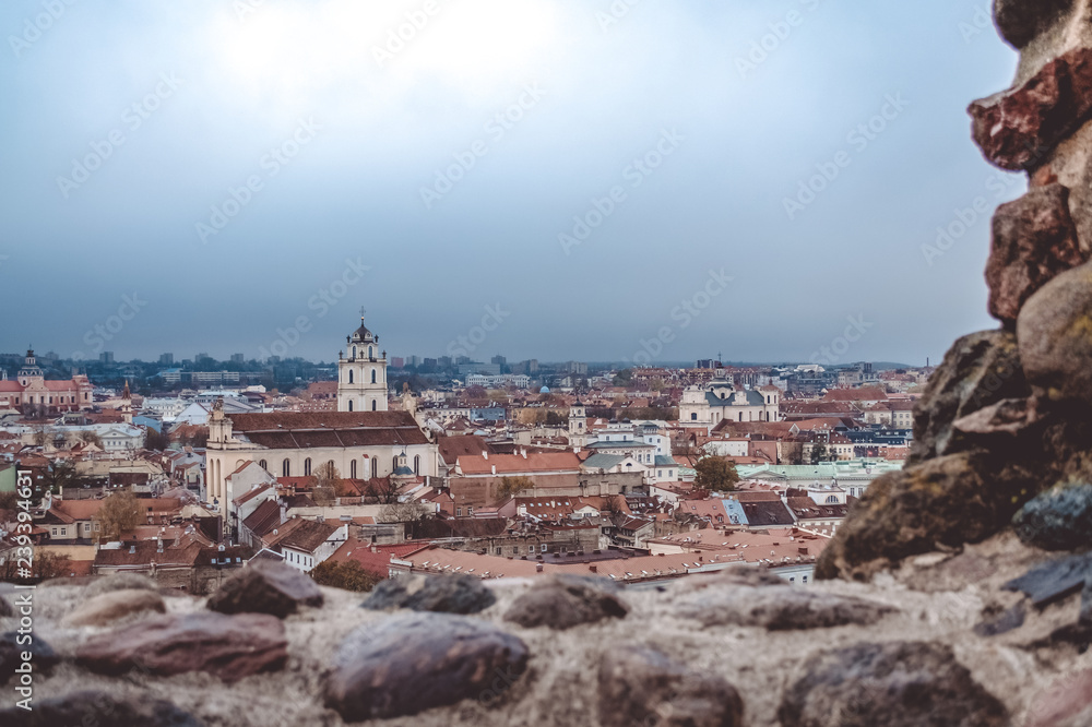 Evening view on Vilnius from remaining part of the Upper Vilna Castle, near Gediminas' Tower, Lietuva (Lithuania). October 23, 2018.