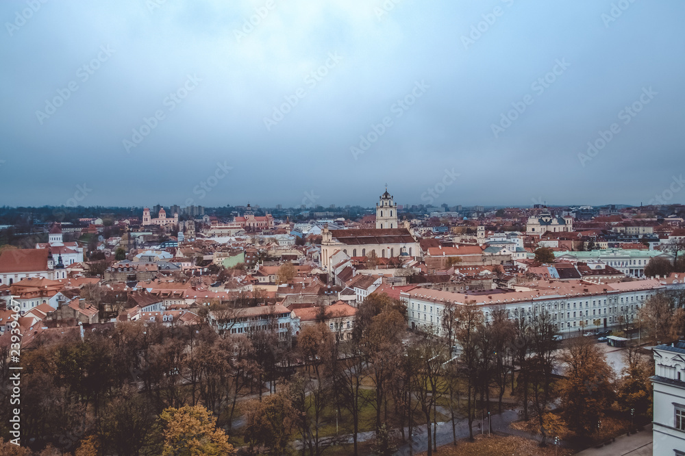 Evening view on Vilnius from remaining part of the Upper Vilna Castle, near Gediminas' Tower, Lietuva (Lithuania). October 23, 2018.