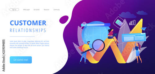 Team of specialists with magnifier and laptop and arrow. Digital marketing, PPC campaign, customer relationships concept on white background. Website vibrant violet landing web page template.