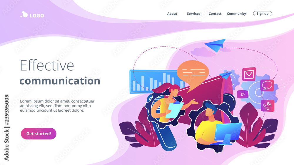 Pr managers communicate and huge megaphone. Public relations and affairs, communication, pr agency and jobs concept on white background. Website vibrant violet landing web page template.