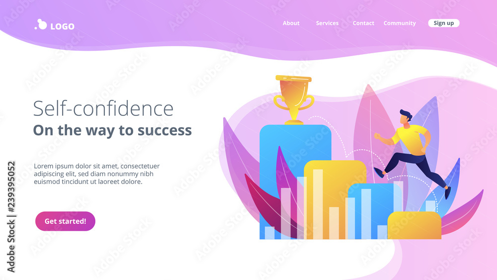 Businessman jumps on graph columns on the way to success. Positive thinking and success achievement, self-confidence concept on white background. Website vibrant violet landing web page template.