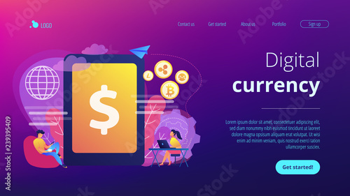 Businessman and woman transfer money with gadgets. Digital currency, cryptocurrency market, e-money transfer and digital money turnover concept. Website vibrant violet landing web page template.