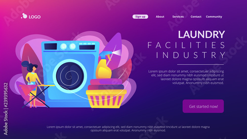 Laundry service worker ironing, washing machine. Dry cleaning and laundering, laundry facilities industry, cleaning and restoration services concept. Website vibrant violet landing web page template.