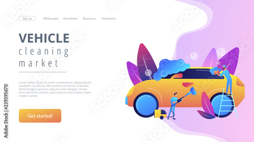 Car wash employees washing the exterior of the car with equipment and foam. Car wash service, vehicle cleaning market, carwash self-serve concept. Website vibrant violet landing web page template.