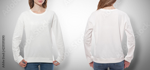Fotografi young woman in white sweatshirt, white hoodies front and rear