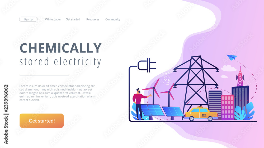 Businessman in green city and electric car using alternative fuel. Alternative fuels, chemically stored electricity, non-fossil sources concept. Website vibrant violet landing web page template.