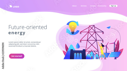Scientist with sustainable development ideas solar panels, hydropower, wind. Sustainable energy, future-oriented energy, smart energy system concept. Website vibrant violet landing web page template.