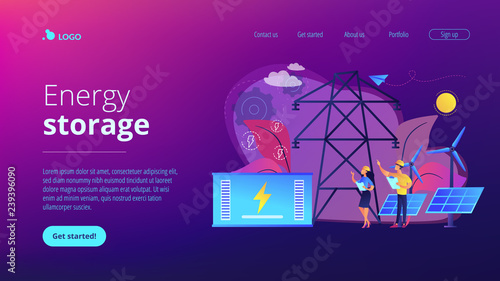 Battery energy storage from renewable solar and wind power station. Energy storage, energy collection methods, electrical power grid concept. Website vibrant violet landing web page template.