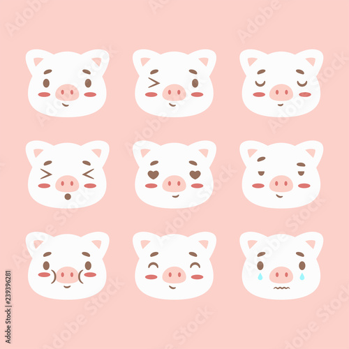 Happy chinese new year 2019 Zodiac sign calendar with pig emoji, emoticons pink colorful funny characters piglet. Vector illustration