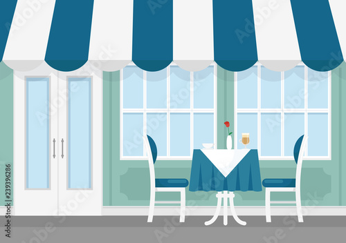 Vector illustration of table and chairs of small street cafe with striped awning, exterior of cafe in cartoon flat style.