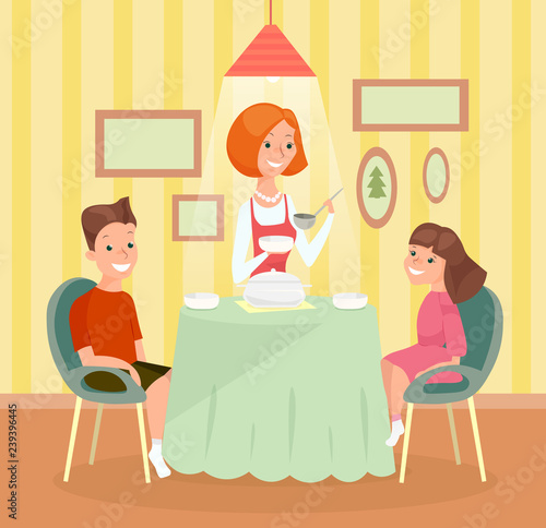Vector illustration of family meal concept. Mother , son and daughter together at the table and have dinner in cartoon flat style.