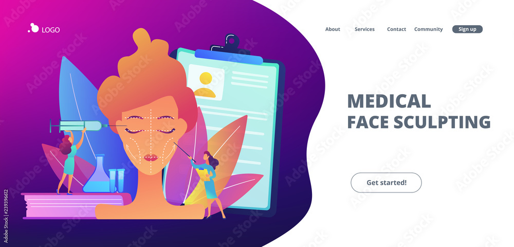 Surgeons with syringe doing facial contouring surgery to woman. Facial contouring, medical face sculpting, facial correction surgery concept. Website vibrant violet landing web page template. Surgeons with syringe doing facial contouring surgery to woman. Facial contouring, medical face sculpting, facial correction surgery concept. Website vibrant violet landing web page template.