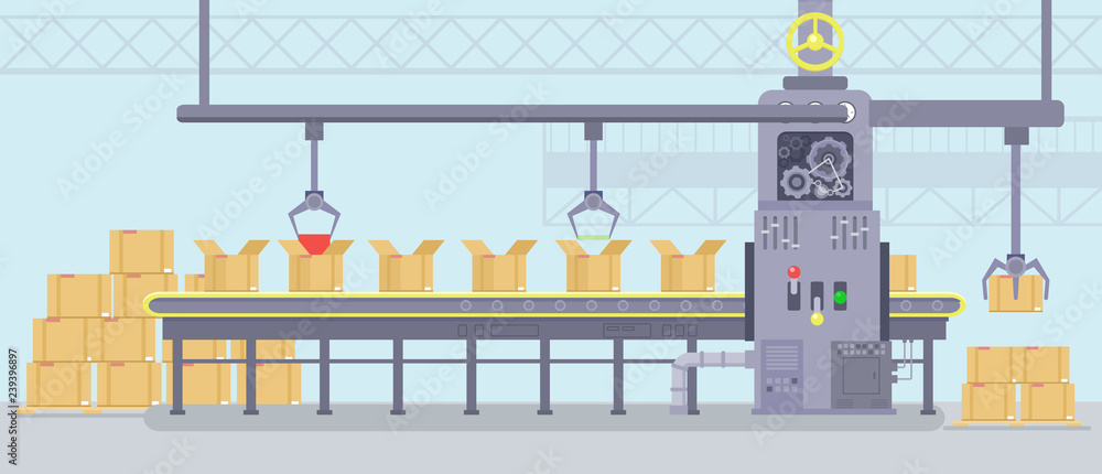 Vector illustration of manufacture interior with working smart machine with  production conveyor belt. Industry concept in flat cartoon style. Stock  Vector | Adobe Stock