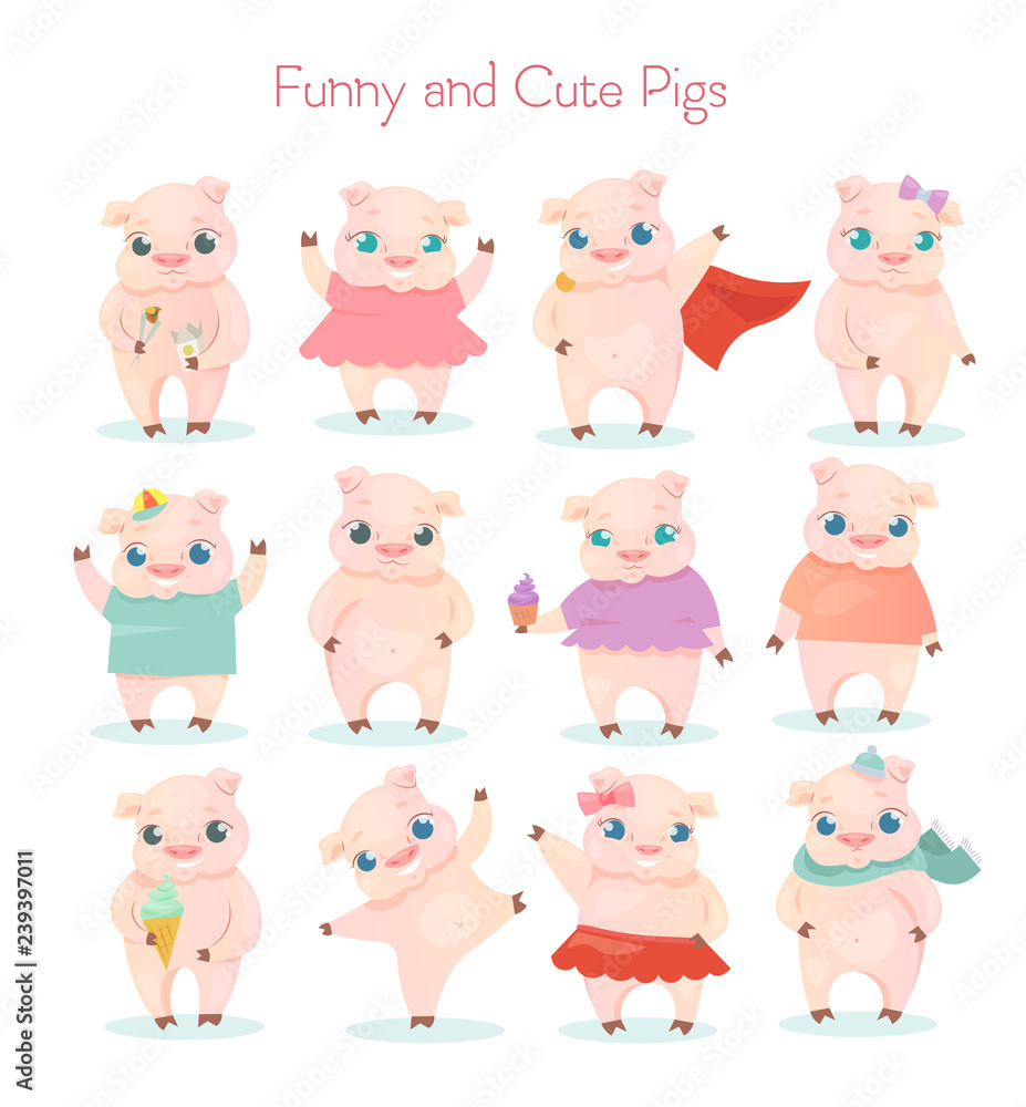 Fototapeta premium Vector illustration set of funny and cute little cartoon pigs characters posing in different poses and situations on white background. Lovely cartoon pigs collection.