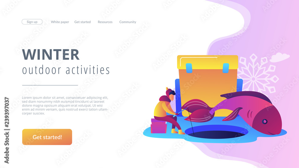 Fisherman in warm clothes with a rod fishing on ice and a huge fish in winter. Ice fishing, ice fishing tools, winter outdoor activities concept. Website vibrant violet landing web page template. Fisherman in warm clothes with a rod fishing on ice and a huge fish in winter. Ice fishing, ice fishing tools, winter outdoor activities concept. Website vibrant violet landing web page template.