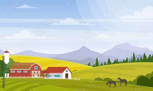 Vector illustration of rural landscape. Beautiful countryside with farm and horses on fields, house and mountains for web design development, natural background in cartoon flat style. photo
