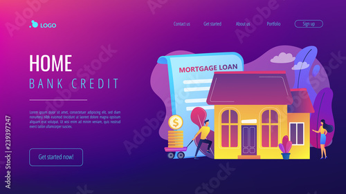 Borrower making mortgage payment for real estate and mortgage loan agreement. Mortgage loan, home bank credit, real estate services concept. Website vibrant violet landing web page template.