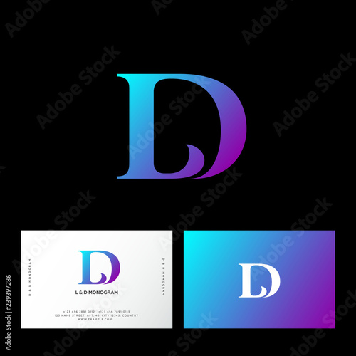 L and D letters. L, D monogram consist of violet letters. Web, UI icon. Identity. Business card.
