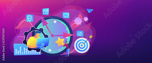 Businessman trying to accomplish tasks and goals on time and big clock and computer. Time management, effective time spending, time planning concept. Header or footer banner template with copy space.