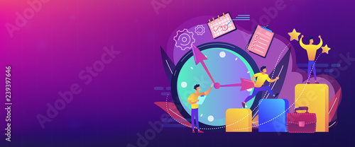 Businessman sets goals and runs up on graph columns for success on time. Self-management, self regulation learning, self-organization course concept. Header or footer banner template with copy space. photo