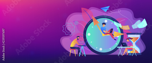 Busy business people with laptops hurry up to complete tasks at huge clock and hourglass. Deadline, project time limit, task due dates concept. Header or footer banner template with copy space.