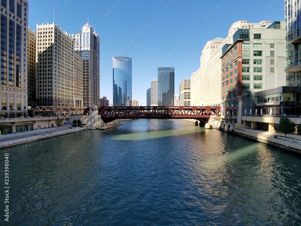 Chicago, Illinois 10-09-2016 View of the Chicago River, its bridges and surrounding buildings on a clear fall morning.