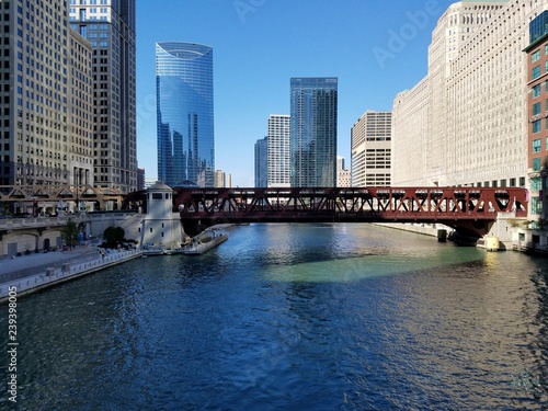 Chicago, Illinois 10-09-2016 View of the Chicago River, its bridges and surrounding buildings on a clear fall morning. © Francisco