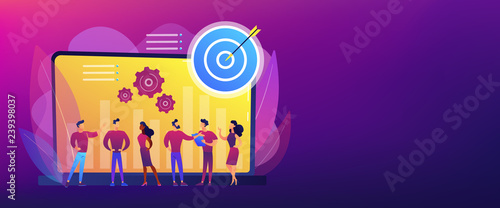 Employees get organizational goals and feedback. Performance management, management software, employee productivity and performance tracking concept. Header or footer banner template with copy space.