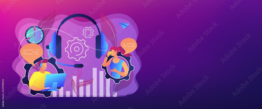 Operator wearing headset at computer cold calling to a potencial client.  Cold calling, old school marketing, telemarketing sales concept. Header or  footer banner template with copy space. Stock Vector | Adobe Stock