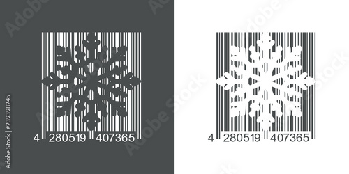 Icono plano código de barras copo de nieve espacio negativo en gris y blanco