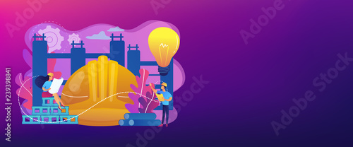 Building engineers using smart materials. Innovative construction materials, construction technology innovation, hi-tech bulding resources concept. Header or footer banner template with copy space.